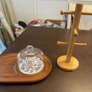 MCM Dolphin Teak Wood Charcuterie Board Glass Top Wood Vintage Cup Holder